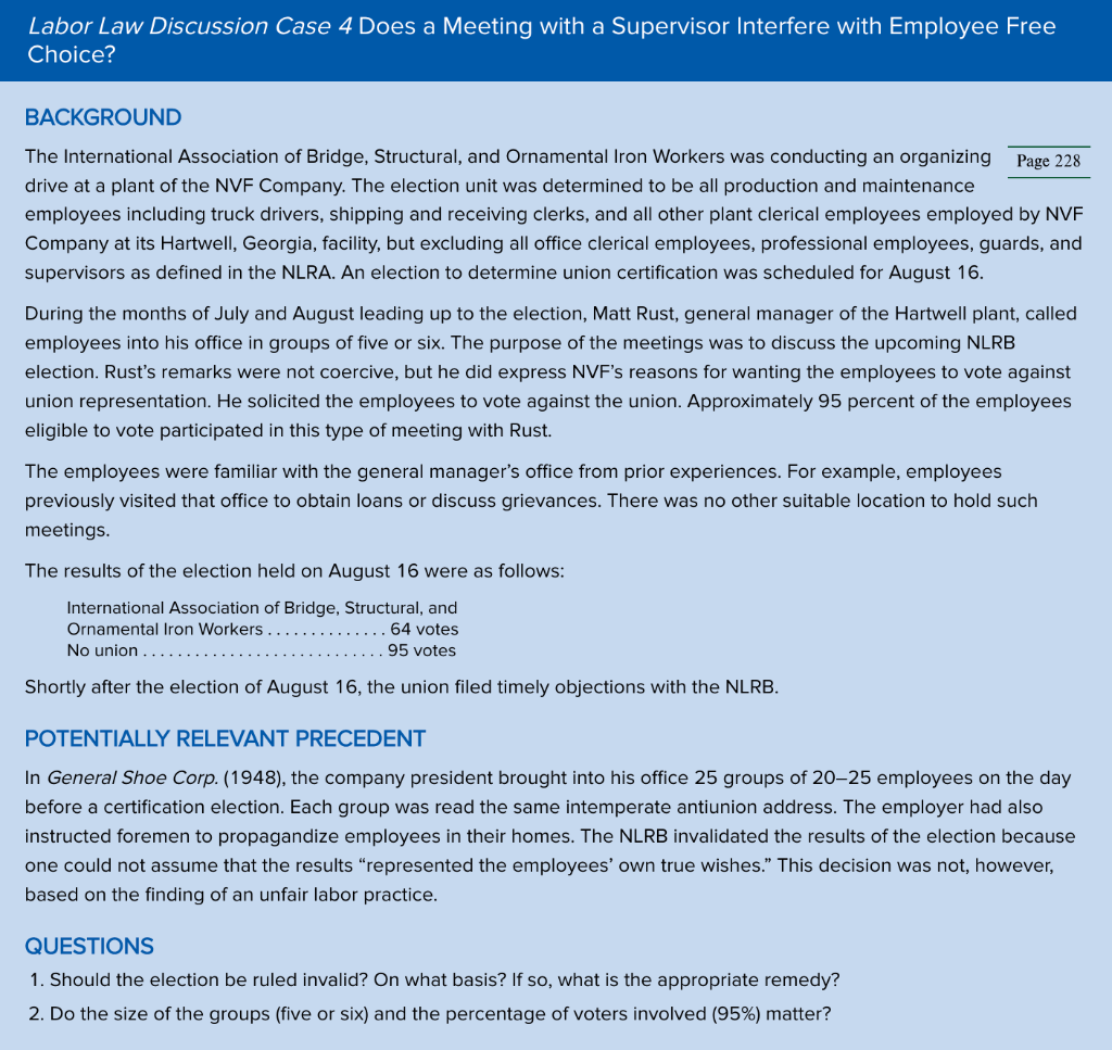 Solved Labor Law Discussion Case 4 Does a Meeting with a | Chegg.com