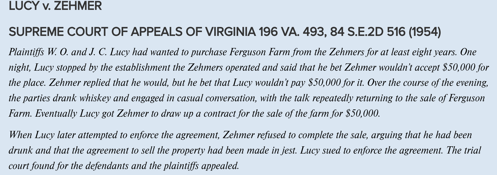 Solved OverviewIn The Case Of Lucy V. Zehmer, Zehmer Spent | Chegg.com