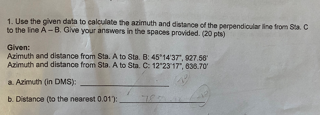 Solved 1. Use the given data to calculate the azimuth and | Chegg.com