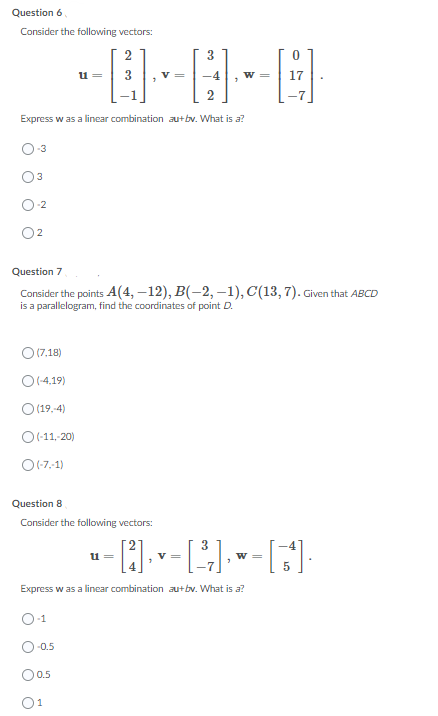 Solved Question 6 Consider the following vectors: 2 3 0 3 V= | Chegg.com