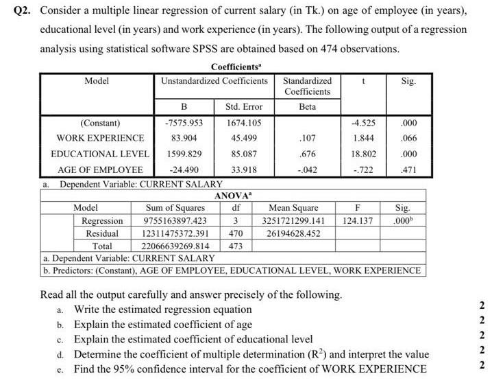 Solved Q2. Consider a multiple linear regression of current | Chegg.com
