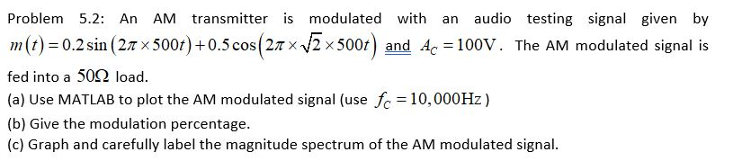 Solved Problem 5.2: An AM transmitter is modulated with an | Chegg.com