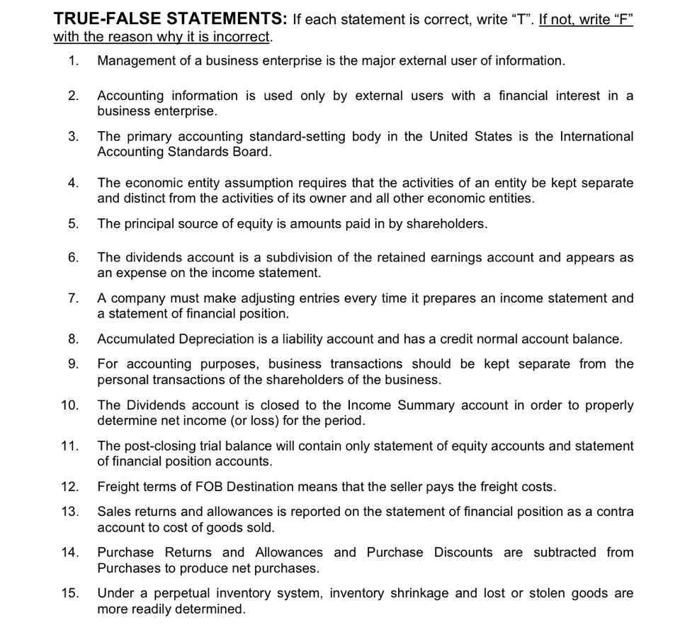 Solved TRUE-FALSE STATEMENTS: If each statement is correct, | Chegg.com