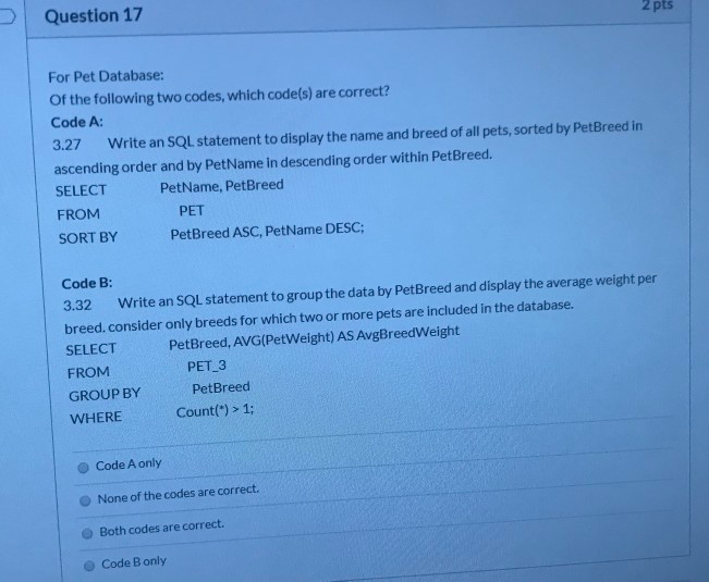 Solved Question 17 2 pts For Pet Database: Of the following | Chegg.com