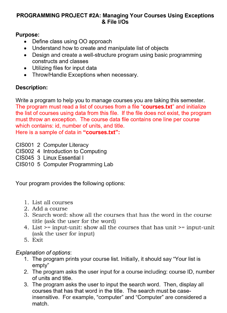 PROGRAMMING PROJECT #2A: Managing Your Courses Using | Chegg.com
