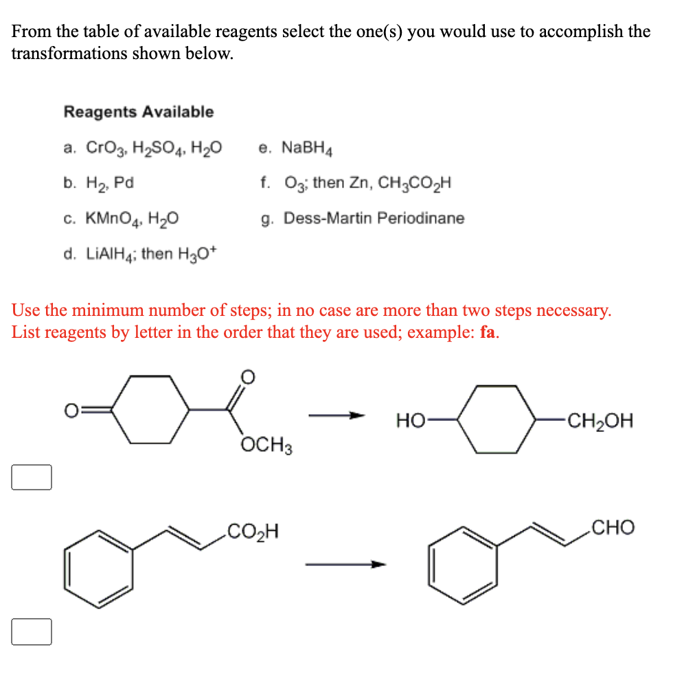 Solved From The Table Of Available Reagents Select The Chegg Com