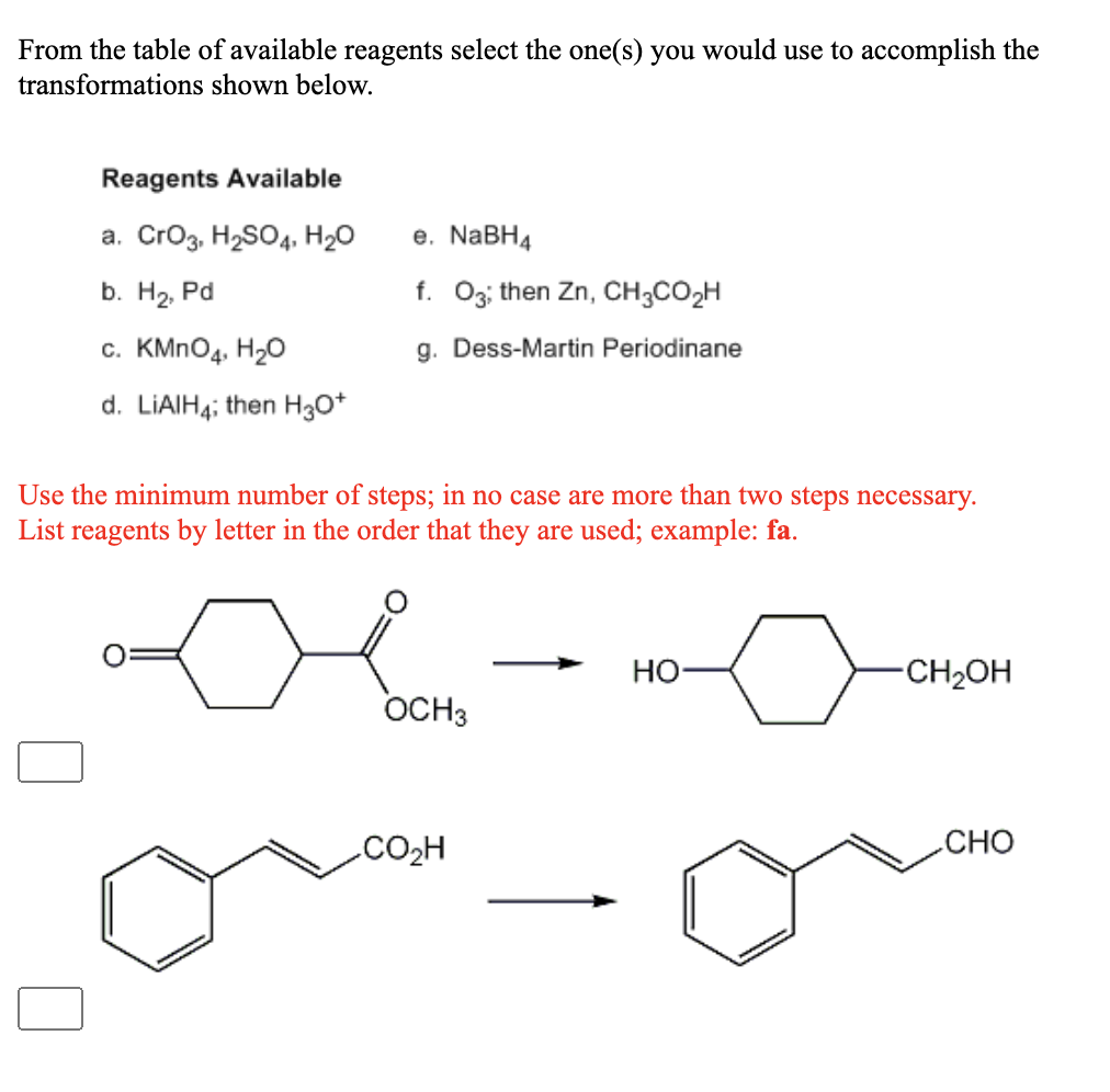 Solved From the table of available reagents select the