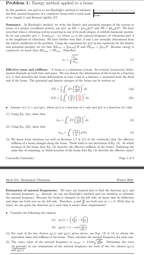 Solved Problem 1: Energy Method Applied To A Beam In This | Chegg.com