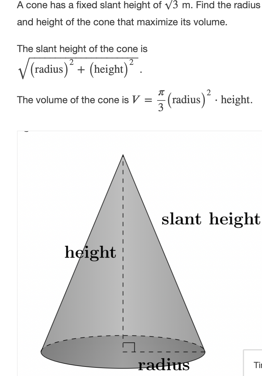 Solved A cone has a fixed slant height of V27 m. Find the  Chegg.com