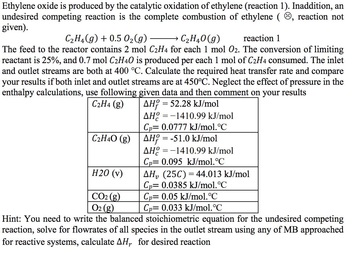 Solved Ethylene oxide is produced by the catalytic oxidation