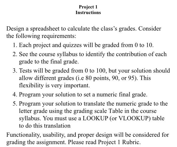 Project 1
Instructions
Design a spreadsheet to calculate the classs grades. Consider
the following requirements:
1. Each pro