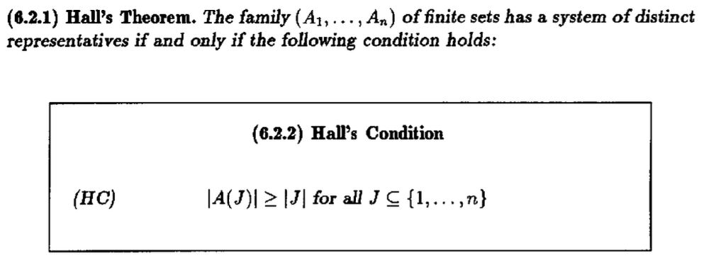 Solved (6.2.1) Hall's Theorem. The family (A1,…,An) of | Chegg.com