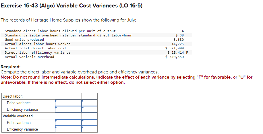 Solved Exercise 16-43 (Algo) Variable Cost Variances (LO | Chegg.com