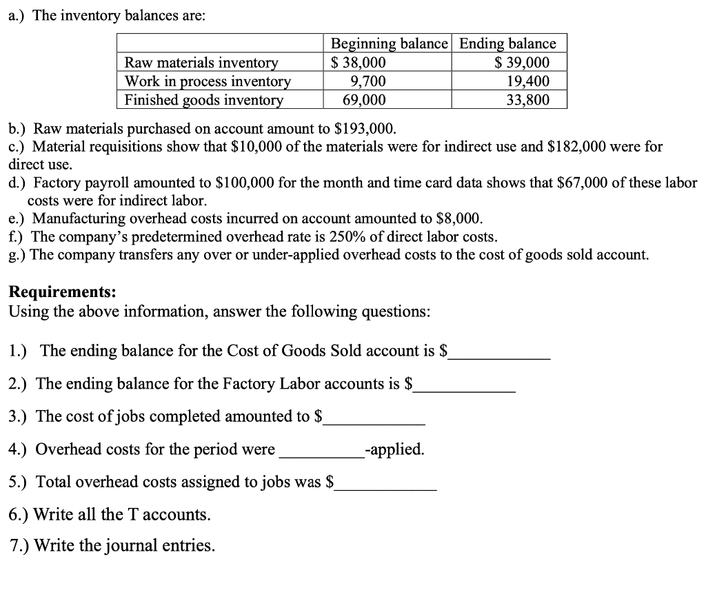 Solved a.) The inventory balances are: Beginning balance | Chegg.com