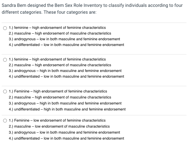 Solved Sandra Bem designed the Bem Sex Role Inventory to Chegg com 