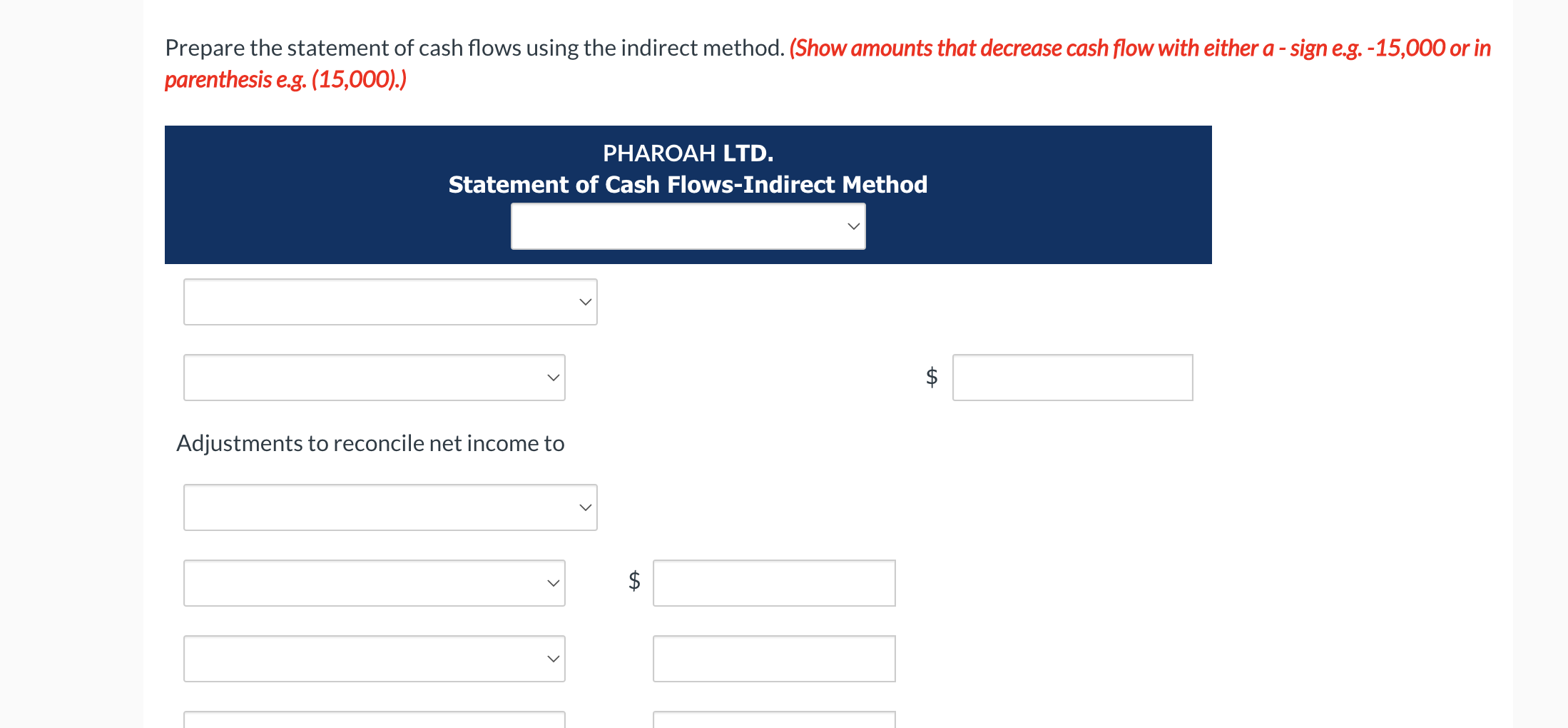 Prepare the statement of cash flows using the indirect method. (Show amounts that decrease cash flow with either a - sign e.g