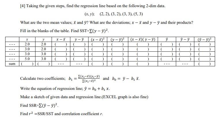 Solved [4] Taking the given steps, find the regression line | Chegg.com
