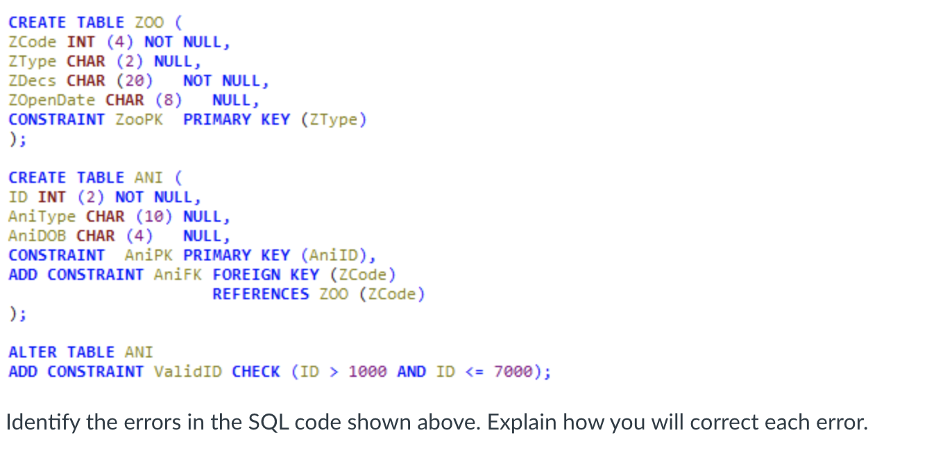 Solved CREATE TABLE ZOO ( zCode INT (4) NOT NULL, ZType CHAR | Chegg.com
