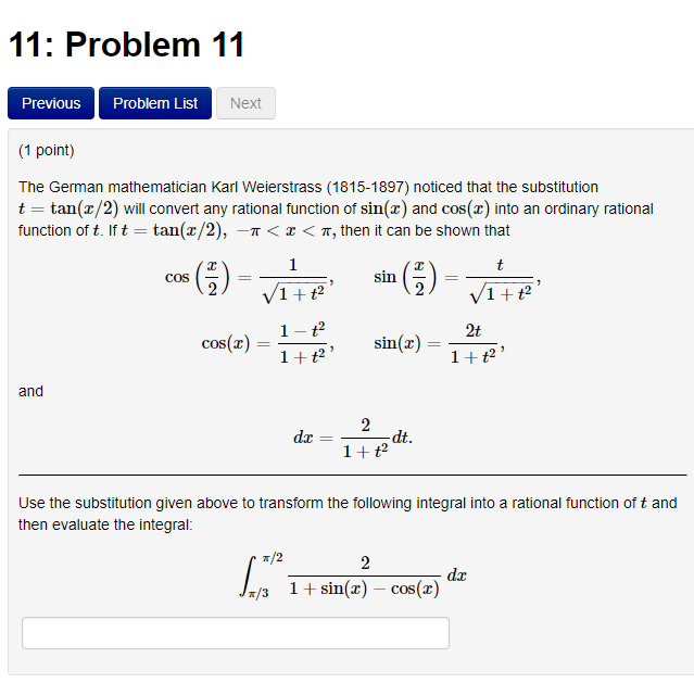 Solved 11: Problem 11 Previous Problem List Next (1 point) | Chegg.com