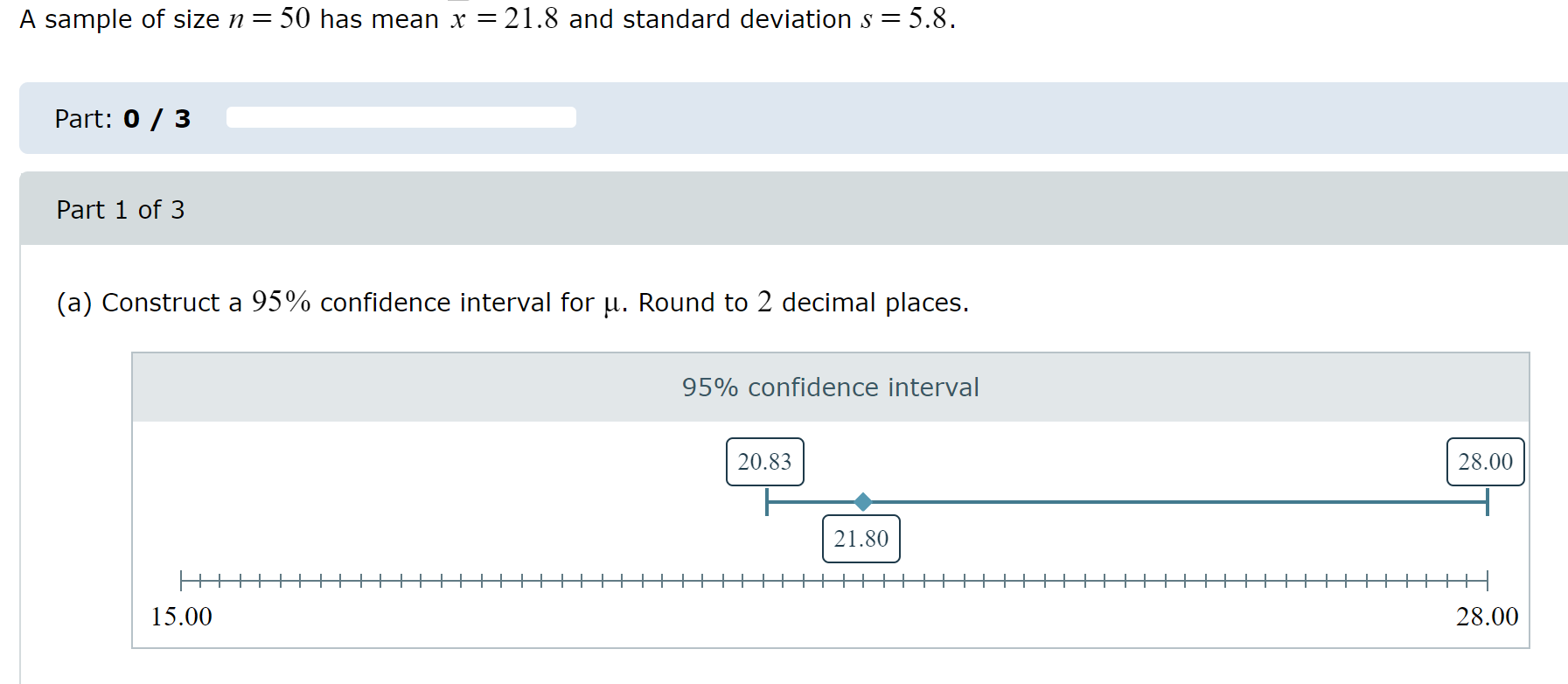 Solved A sample of size n=50 has mean x=21.8 and standard | Chegg.com
