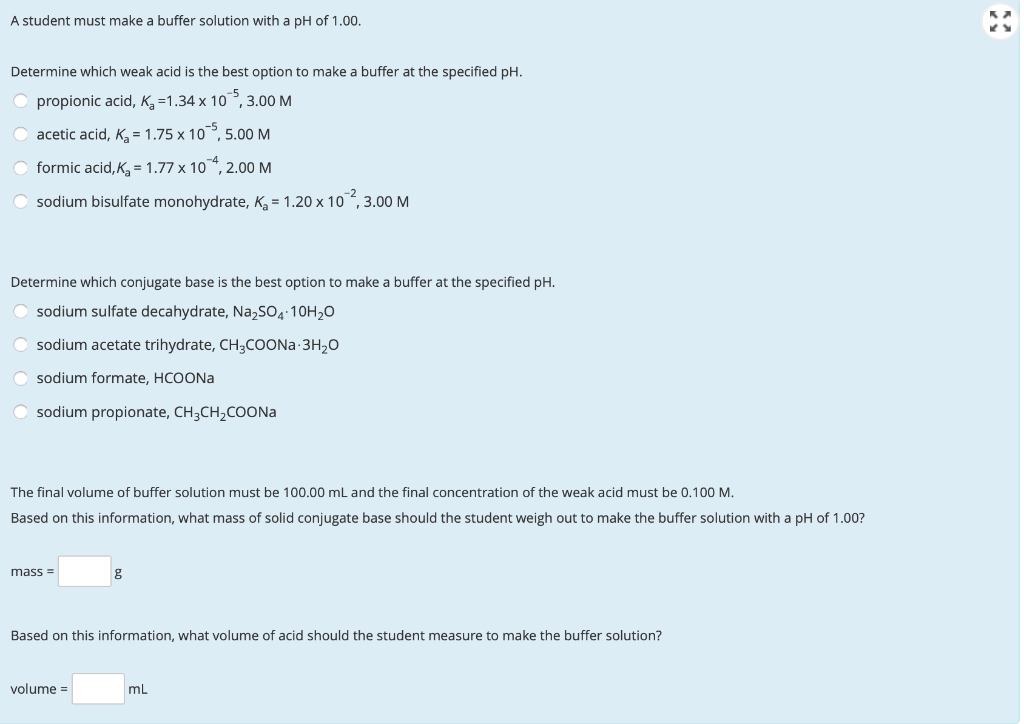 Solved: A Student Must Make A Buffer Solution With A PH Of ...