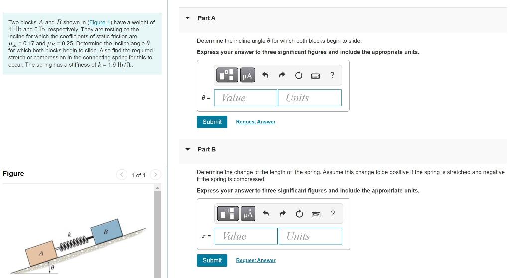 Solved Two blocks A and B shown in (Figure 1) have a weight | Chegg.com