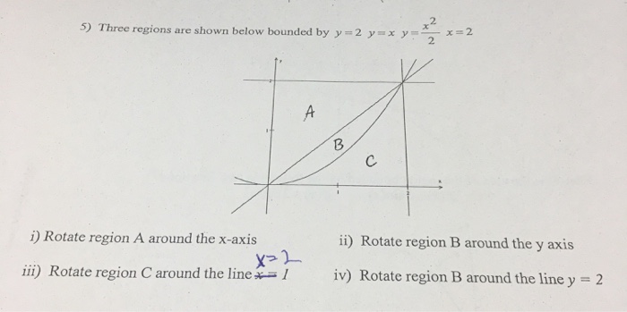Solved 2 5) Three regions are shown below bounded by y-2 y = | Chegg.com