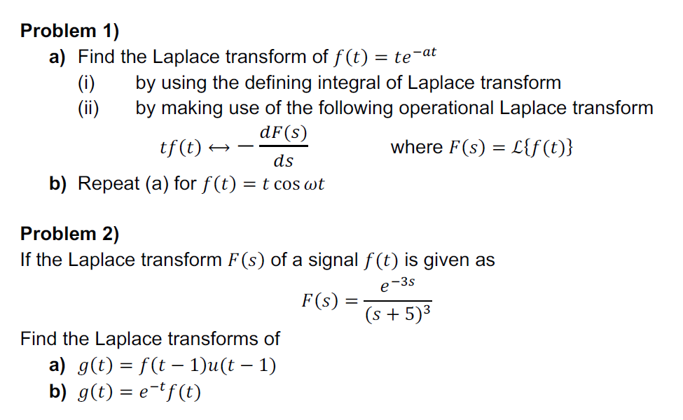 Solved Problem 1 A Find The Laplace Transform Of F T Chegg Com