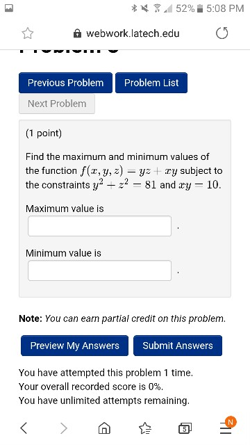 Solved * * 1 52% 5:08 PM webwork.latech.edu Previous Problem | Chegg.com