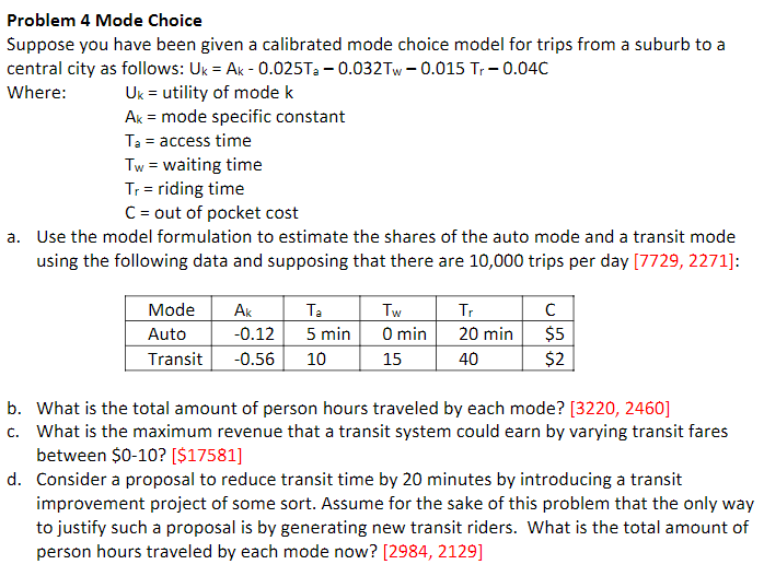 Solved Problem 4 Mode Choice Suppose you have been given a | Chegg.com