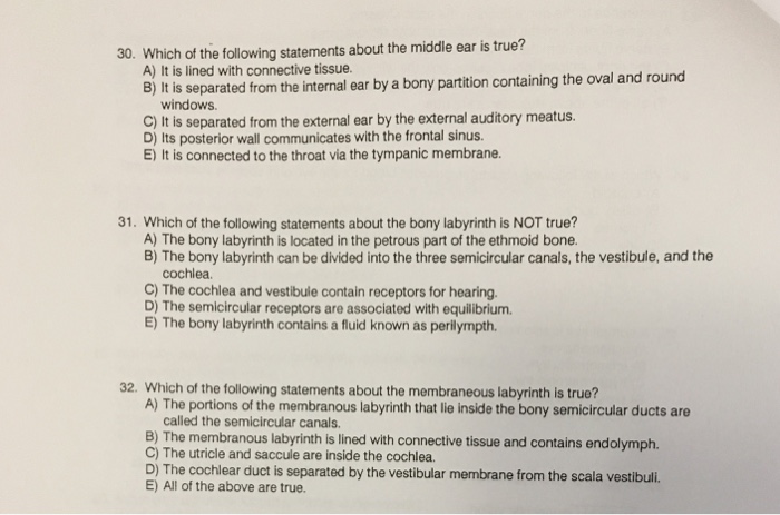 Solved 29. The external (outer) ear A) consists of the | Chegg.com