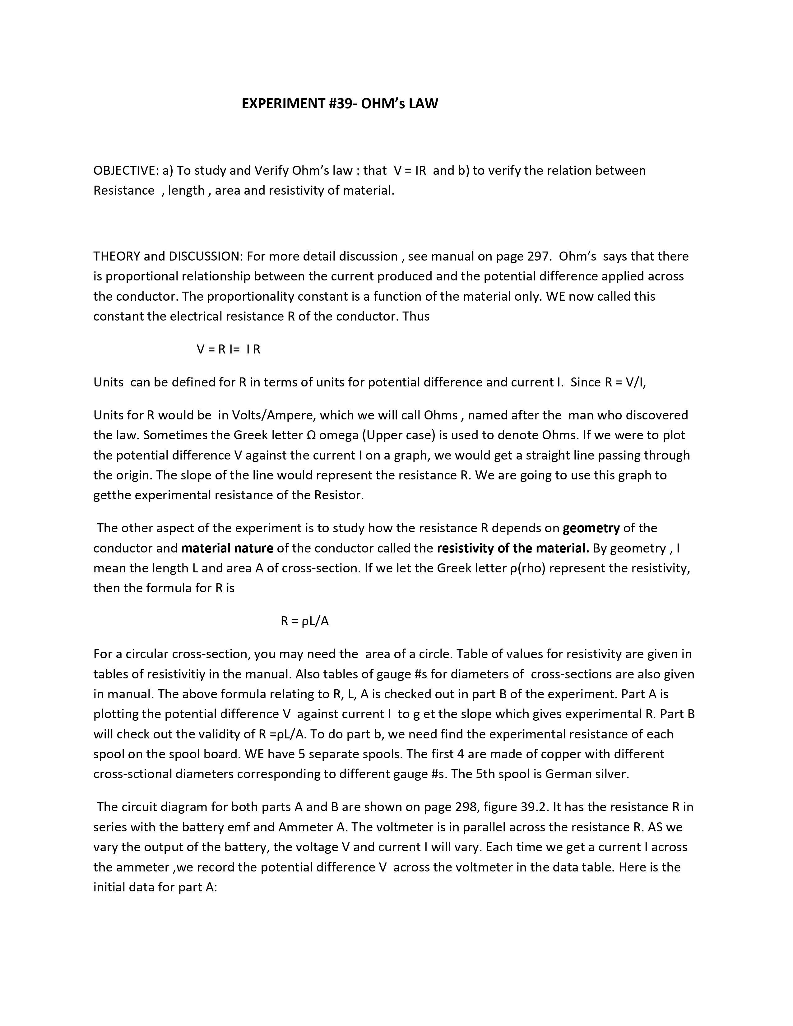 Solved EXPERIMENT #39- OHM's LAW OBJECTIVE: A) To Study And | Chegg.com