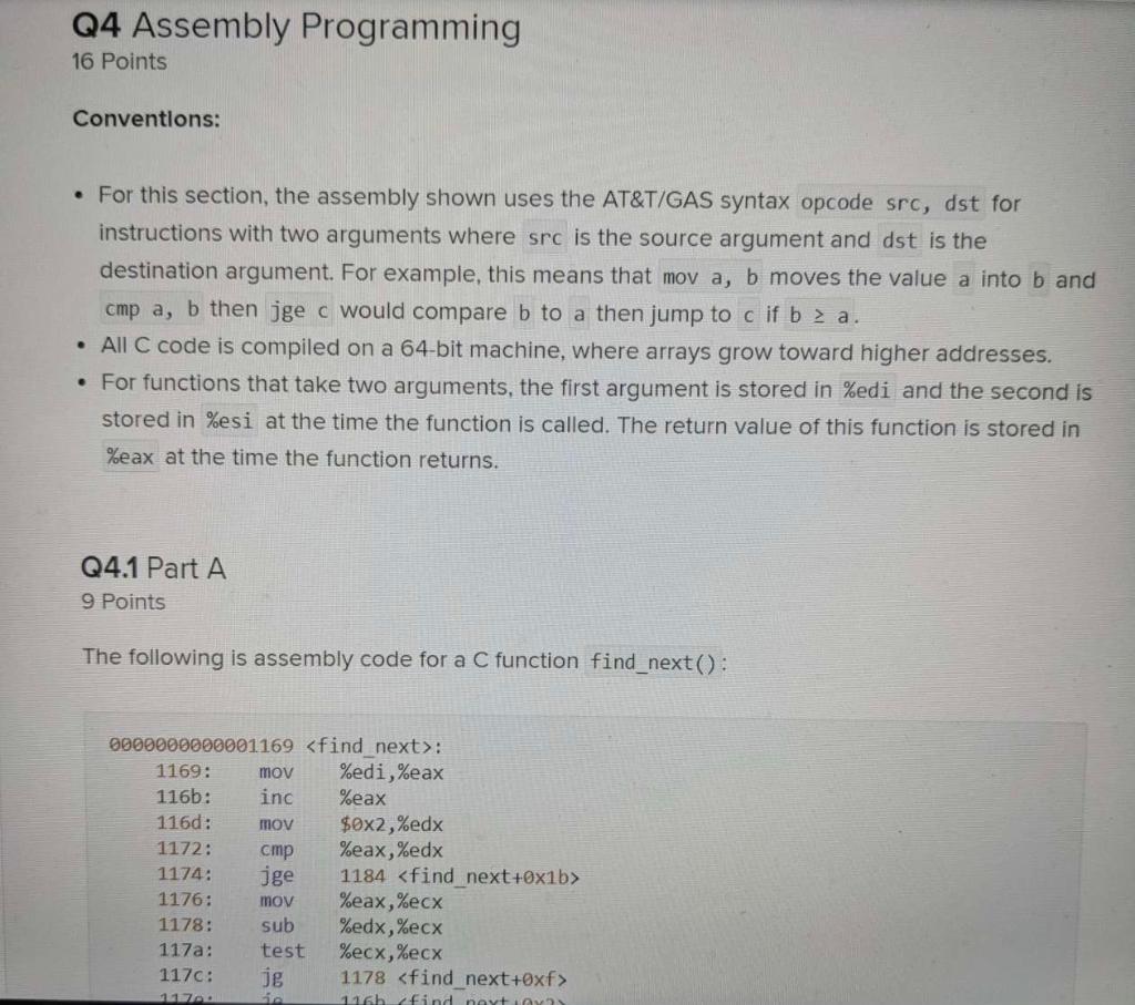 Solved Q4 Assembly Programming 16 Points Conventions: • For | Chegg.com