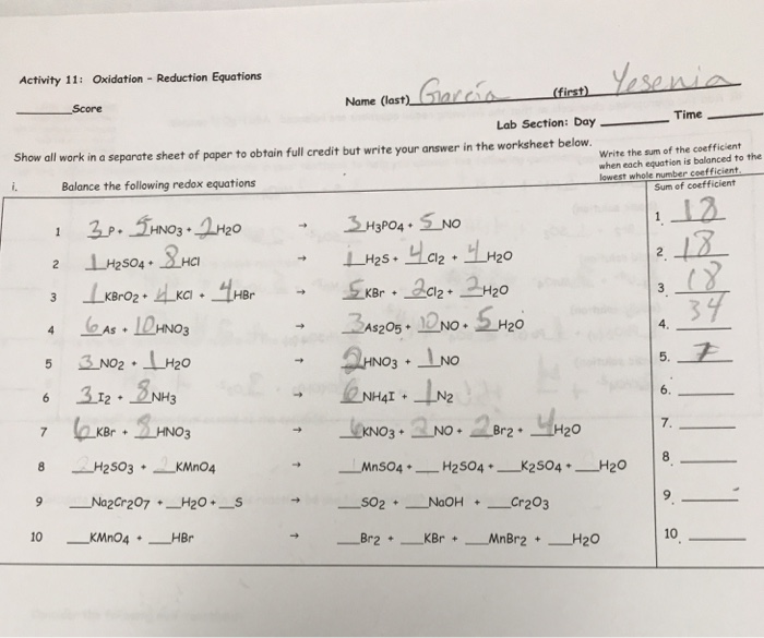 Oxidation Reduction Worksheet Answers