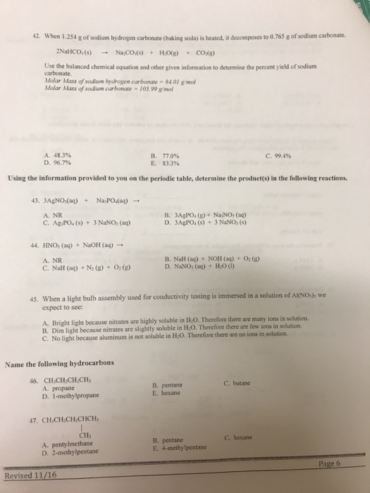 Solved 42. When 1.254 G Of Sodium Hydrogen Carbonate (bak 