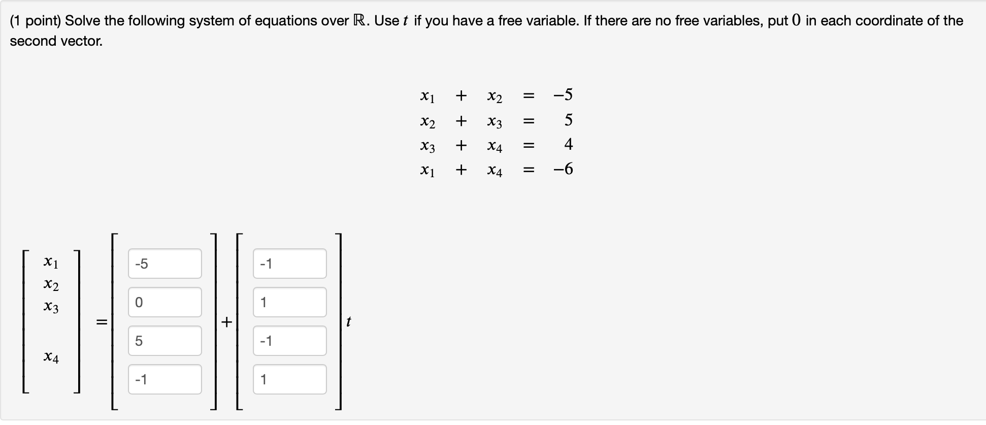 Solved (1 point) Solve the following system of equations | Chegg.com