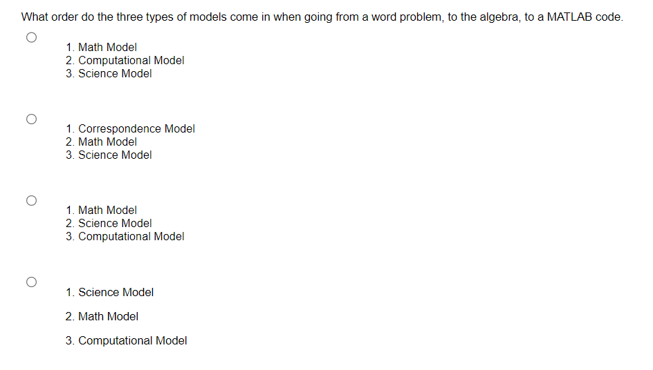 Solved What order do the three types of models come in when