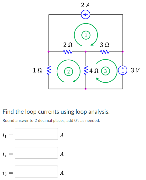 Solved 2 A 2Ω 3 Ω 1Ω ξ4 Ω 4Ω (3) 3V Find the loop currents | Chegg.com