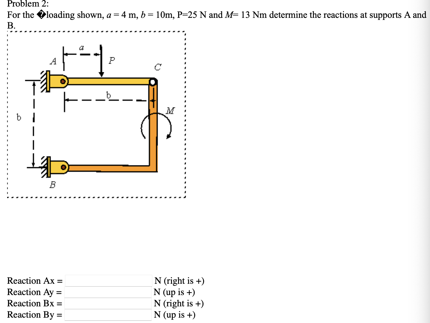 Solved Problem 2: For The Loading Shown, A=4 M,b=10 M,P=25 N | Chegg.com