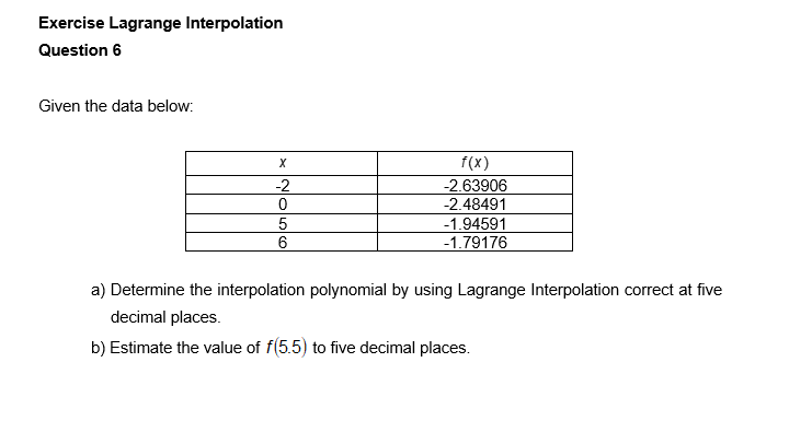 Solved Exercise Lagrange Interpolation Question 6 Given the | Chegg.com