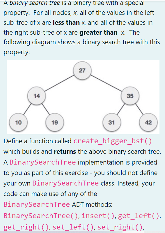 Solved A binary search tree is a binary tree with a special | Chegg.com