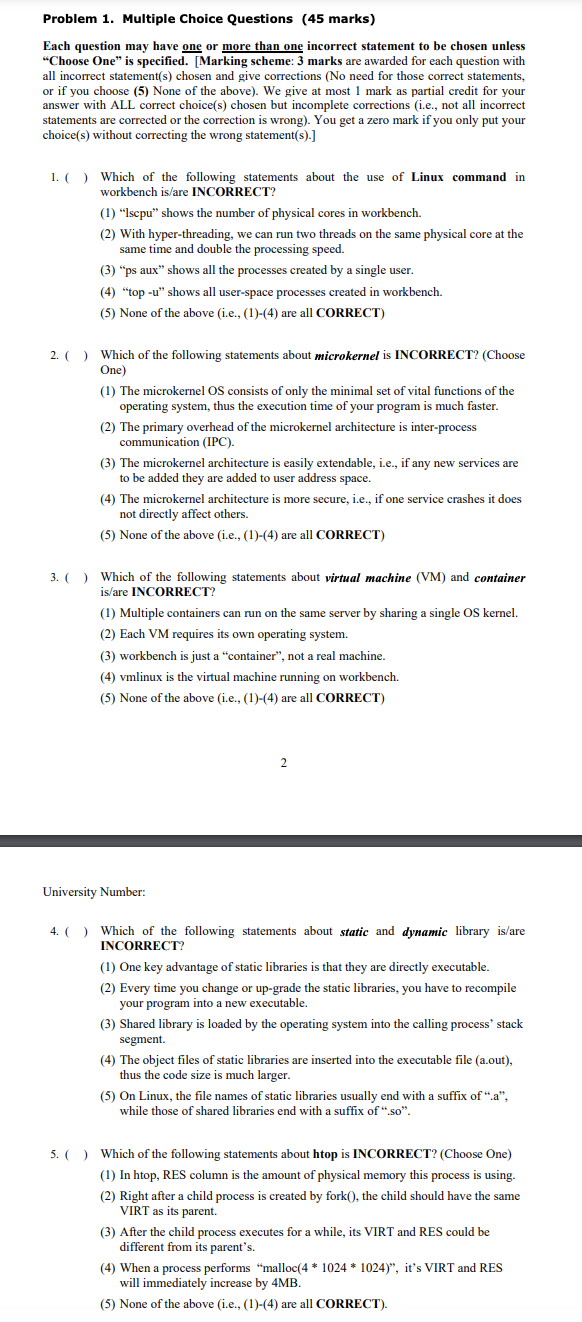 Solved Problem 1. Multiple Choice Questions (45 marks) Each | Chegg.com