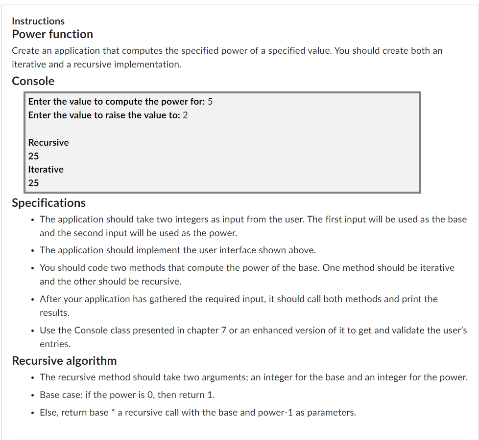 Solved Instructions Power function Create an application | Chegg.com