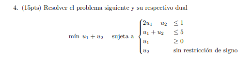 4. (15pts) Resolver el problema siguiente y su respectivo dual \[ \text { mín } u_{1}+u_{2} \quad \text { sujeta a }\left\{\b