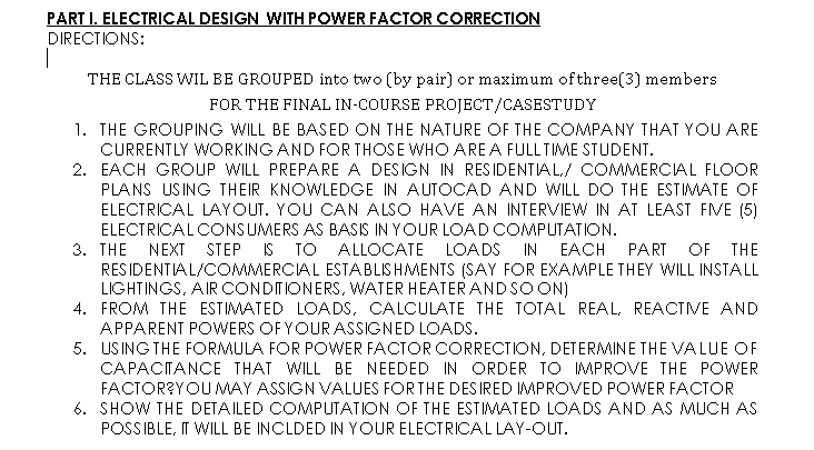 Solved PART I. ELECTRICAL DESIGN WITH POWER FACTOR | Chegg.com
