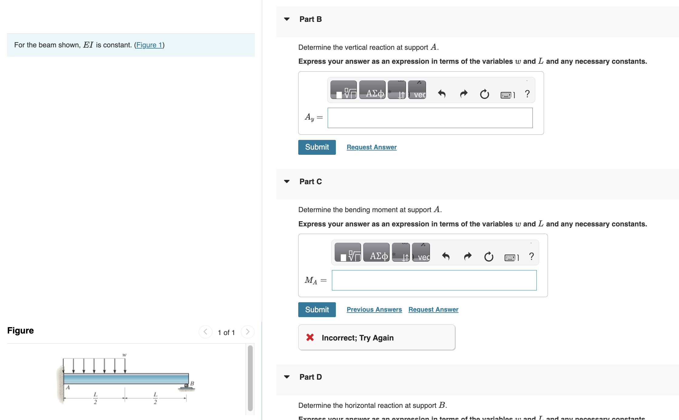 Solved For The Beam Shown, EI Is Constant. (Figure 1) Part C | Chegg.com