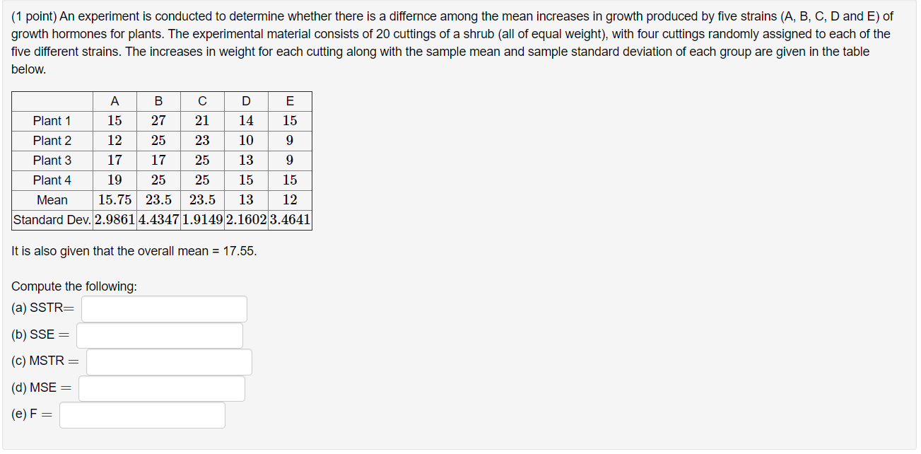 Solved (1 point) An experiment is conducted to determine | Chegg.com
