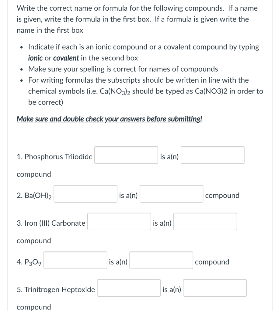 Solved Write the correct name or formula for the following | Chegg.com