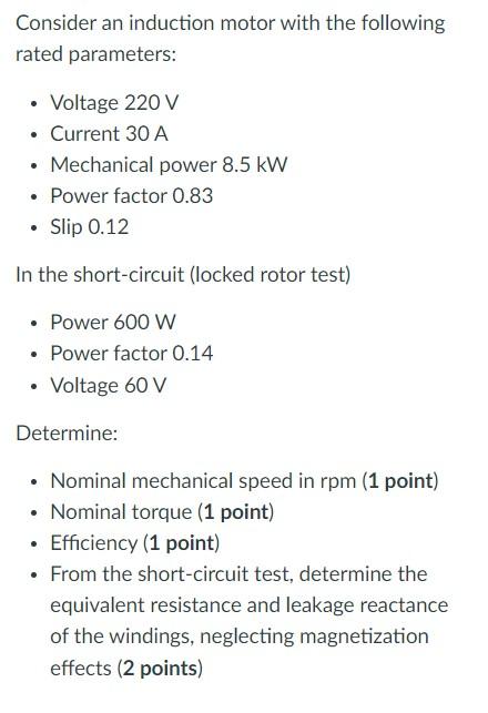 Solved Consider an induction motor with the following rated | Chegg.com