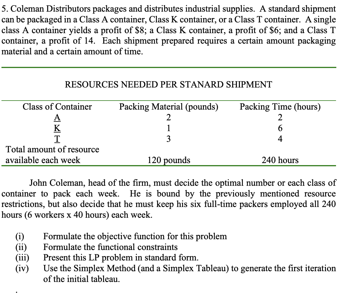Solved 5. Coleman Distributors packages and distributes